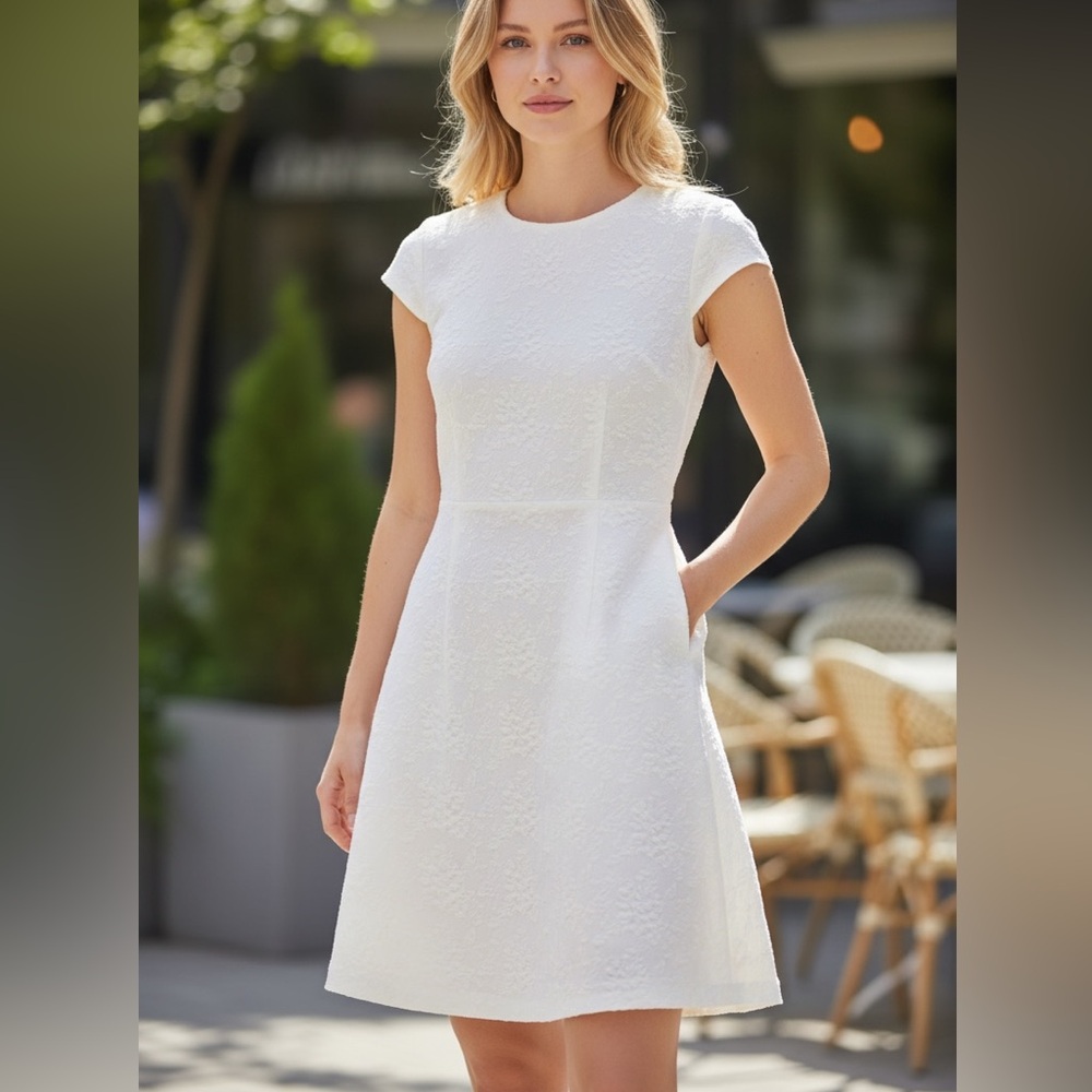 J. McLaughlin Jacquard Textured Fit and Flare Cap Sleeve Dress Ivory Cream M